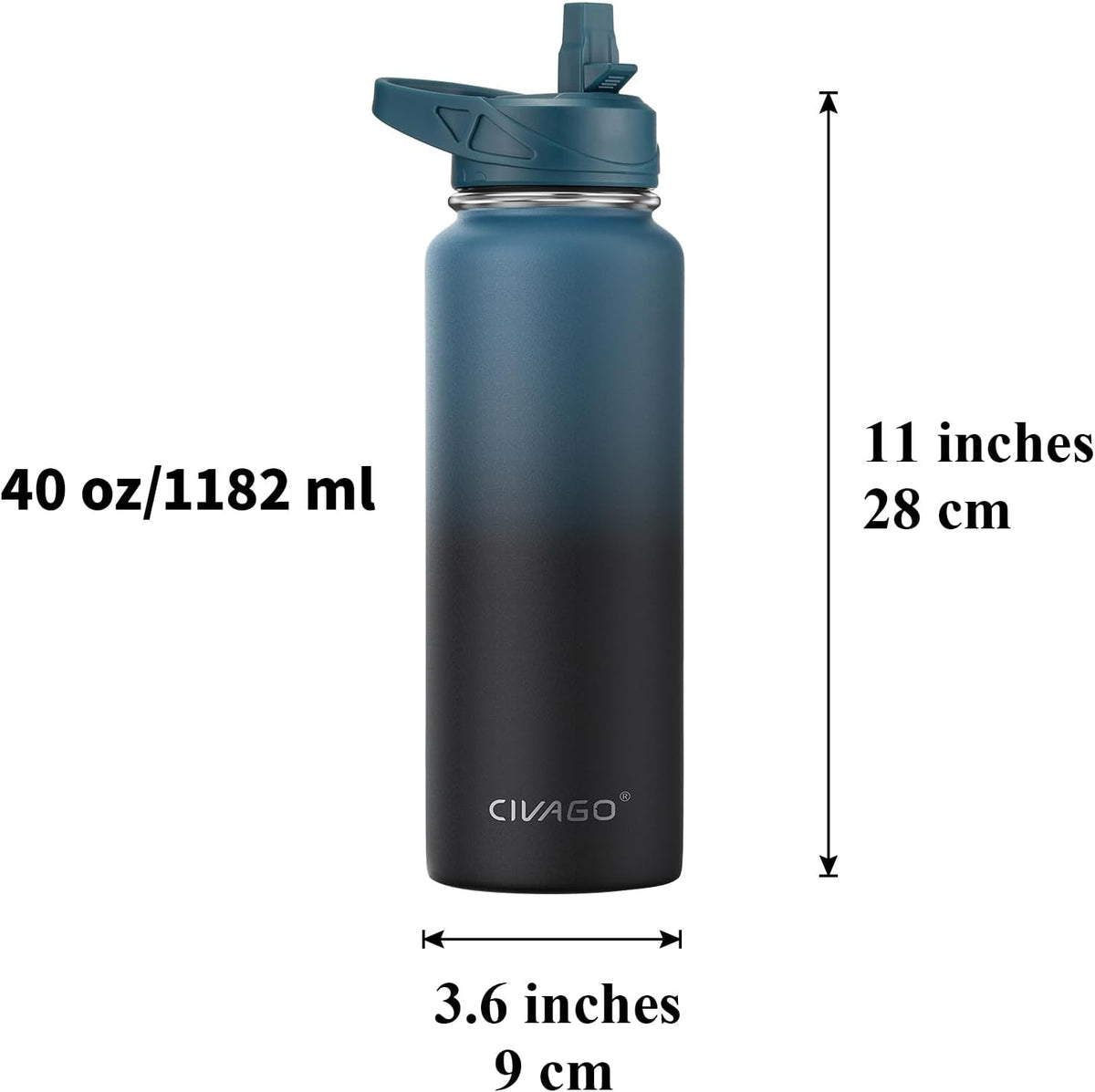 CIVAGO 40 oz Insulated Stainless Steel Water Bottle With Straw and 3 Lids | Large Metal Sports Water Jug, Leakproof Reusable Wide Mouth Thermal Flask Cup with Silicone Boot, BPA-Free, Midnight Black