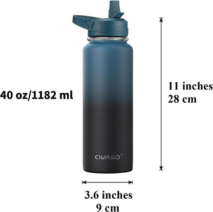 CIVAGO 40 oz Insulated Stainless Steel Water Bottle With Straw and 3 Lids | Large Metal Sports Water Jug, Leakproof Reusable Wide Mouth Thermal Flask Cup with Silicone Boot, BPA-Free, Midnight Black