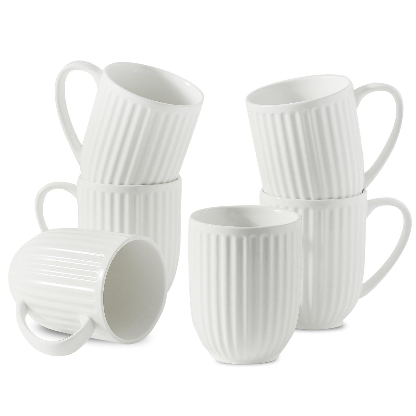 HASENSE Textured Large Coffee Mugs Set of 4, 16 Oz Ribbed Ceramic Cups with Large Handle for Latte Tea Cappuccino, Stackable Embossed Mug Set for Mom Dad, Microwave Dishwasher Safe, Creamy White