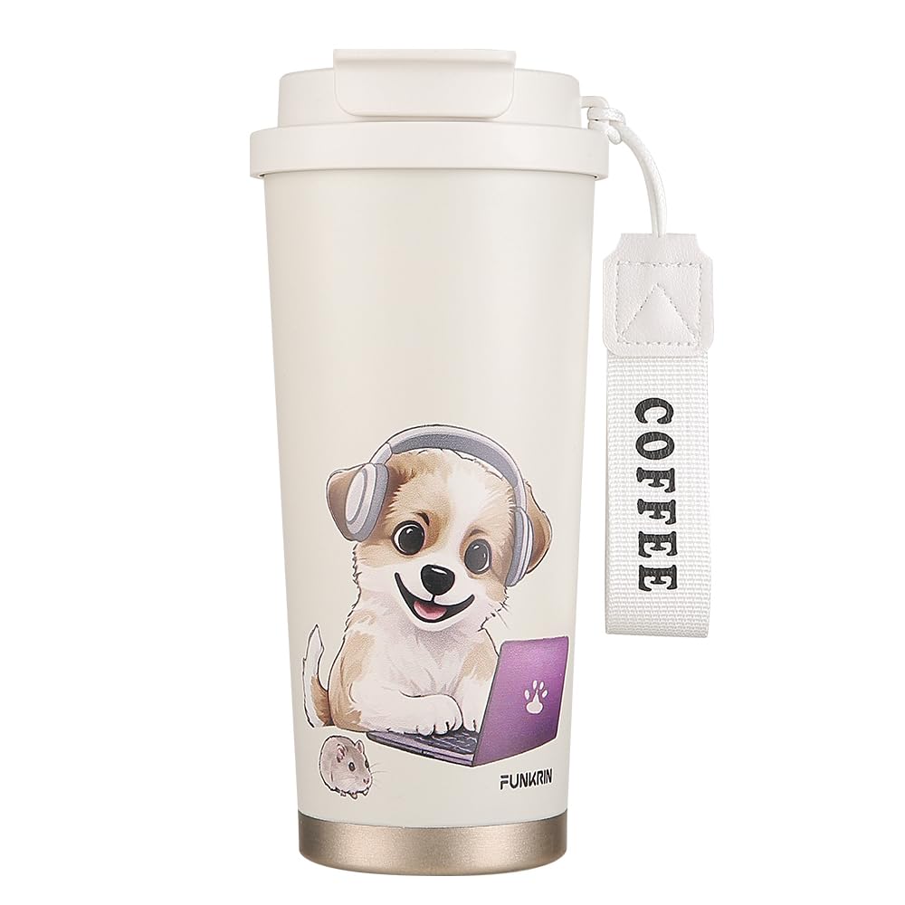 Funkrin Insulated Coffee Mug with Ceramic Coating, 16oz Iced Coffee Tumbler Cup with Flip Lid and Handle, Double Wall Vacuum Leak-Proof Travel Mug for Office School Party Camping