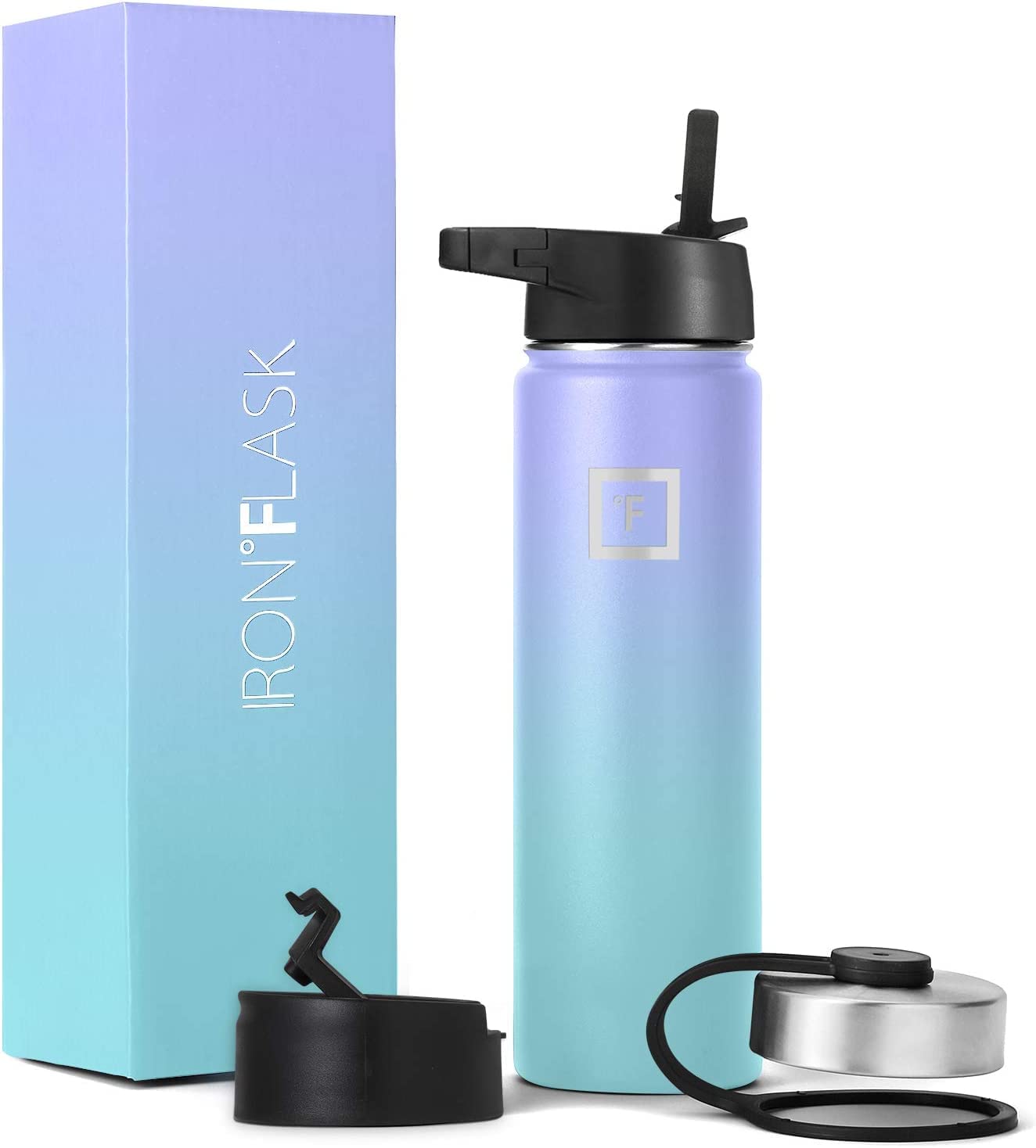 IRON °FLASK 32 oz Wide Mouth Water Bottle with 3 Lids | Insulated Stainless Steel Sports Water Bottle with 3 Leakproof Lids - BPA Free, Cold 24 Hrs, Sweat Free (Midnight Black)
