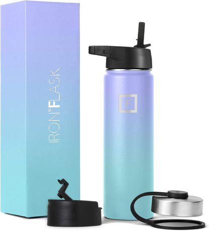 IRON °FLASK 32 oz Wide Mouth Water Bottle with 3 Lids | Insulated Stainless Steel Sports Water Bottle with 3 Leakproof Lids - BPA Free, Cold 24 Hrs, Sweat Free (Midnight Black)