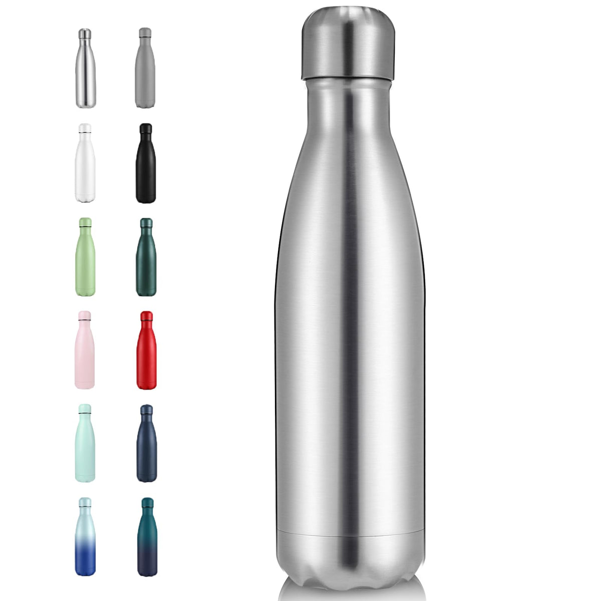 Volhoply 17oz Insulated Stainless Steel Water Bottle, Double Wall Vacuum Flask, Keeps Cold 24h & Hot 12h, Available in Packs of 1, 4, or 8（Silver,1 Pack)
