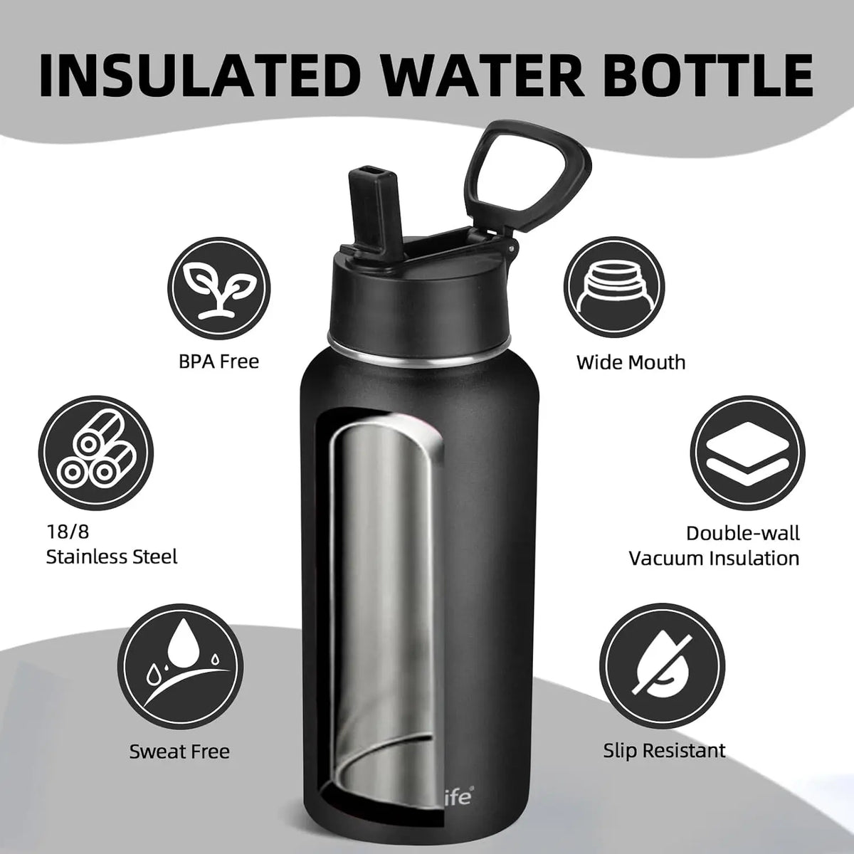 Insulated Water Bottle With Straw,32 oz Vacuum Insulated Stainless Steel  Water Flask,Keeps Cold and Hot,Metal Water Bottle Wide Mouth for Gym Travel Camping (Black)