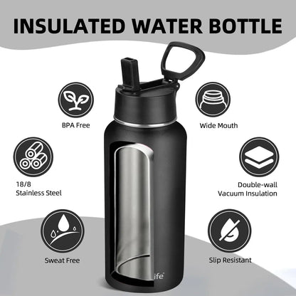 Insulated Water Bottle With Straw,32 oz Vacuum Insulated Stainless Steel  Water Flask,Keeps Cold and Hot,Metal Water Bottle Wide Mouth for Gym Travel Camping (Black)