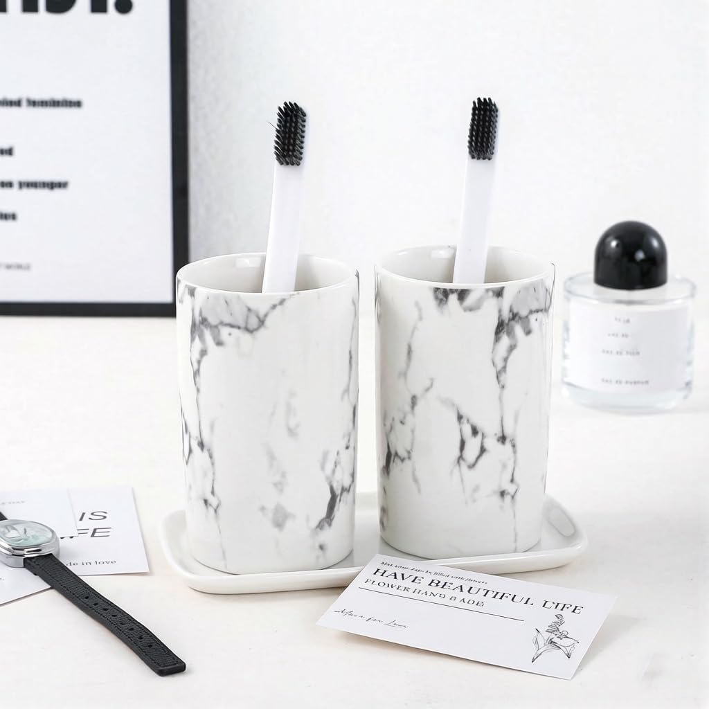 Creative ceramic cup office breakfast milk cup home hotel water cup marble mouthwash cup. (Stone pattern & White)