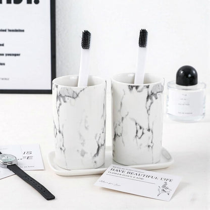 Creative ceramic cup office breakfast milk cup home hotel water cup marble mouthwash cup. (Stone pattern & White)