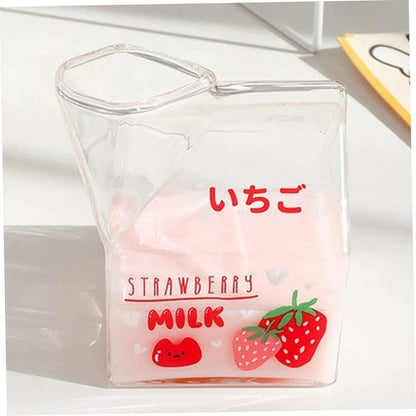 Milk Carton Glass Mug Square Cute Breakfast Cup for Home Portable Students Clear Milk Cups Strawberry