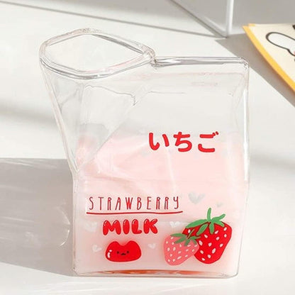 Milk Carton Glass Mug Square – Cute Breakfast Cup for Home Portable Students Clear Milk Cups, Strawberry