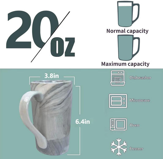 20 OZ Large Coffee Mugs, Grey Marble Ceramic Tall Beer Cups with Handle Set of 2 600 ml Oversized Porcelain Bulk Big Tea Cup for Men Women Gifts Mom and Dad