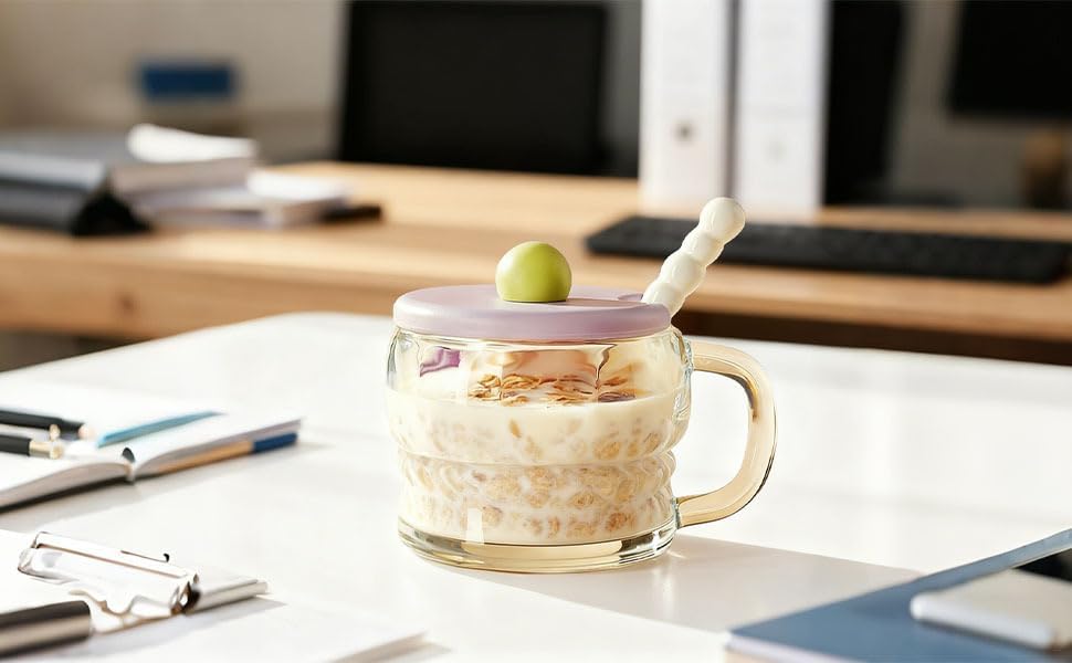 2 Pcs 10.1 Fl Oz Breakfast Cups With Lid And Spoon, Elegant Transparent Glass Coffee Mugs With Handle For Milk, Oatmeal, Yogurt