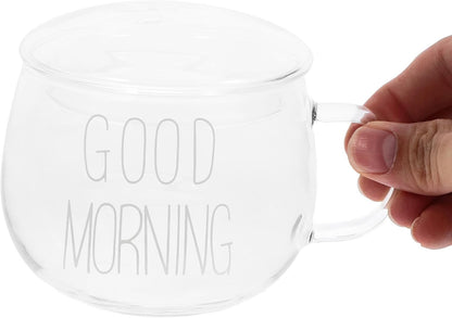 Heat Resistant Glass Milk Cup with Handle and Lid, 1pcs Breakfast Cereal Mug for Hot Beverages and Tea, Sturdy Glass Water Cup for Home and Travel