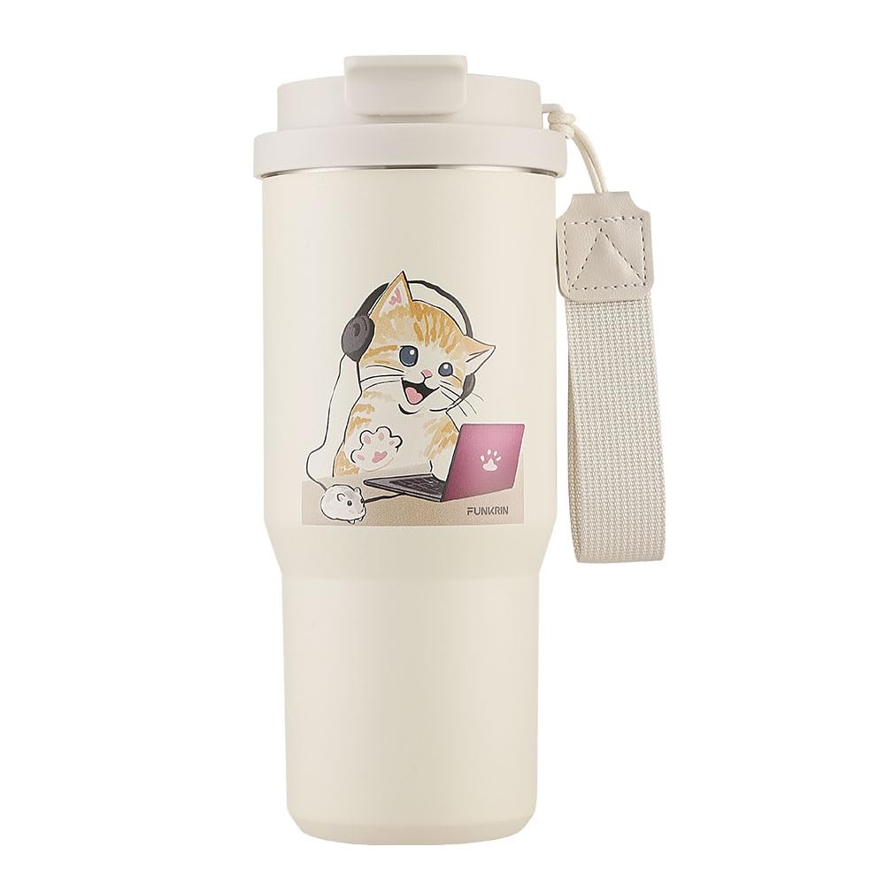 Funkrin Insulated Coffee Mug with Ceramic Coating, 16oz Iced Coffee Tumbler Cup with Flip Lid and Handle, Double Wall Vacuum Leak-Proof Travel Mug for Office School Party Camping