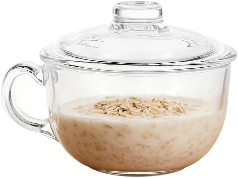 Clear Breakfast Bowl with Lid and Handle,Glass Cereal Salad Milk Mug Large Capacity Kitchen Office Cup for Cold Hot Drinks