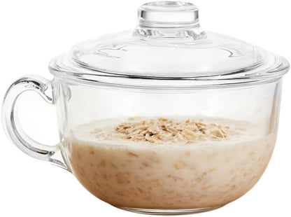 Clear Breakfast Bowl with Lid and Handle,Glass Cereal Salad Milk Mug Large Capacity Kitchen Office Cup for Cold Hot Drinks