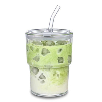 13oz Glass Tumbler with Straw and Lid Sealed, Carry On Reusable Iced Coffee Cups,Thick Wall Glass Coffee Drinking Glassware Cups