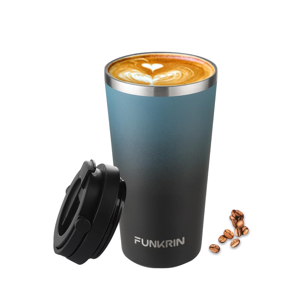 Funkrin Insulated Coffee Mug with Ceramic Coating, 16oz Iced Coffee Tumbler Cup with Flip Lid and Handle, Double Wall Vacuum Leak-Proof Travel Mug for Office School Party Camping