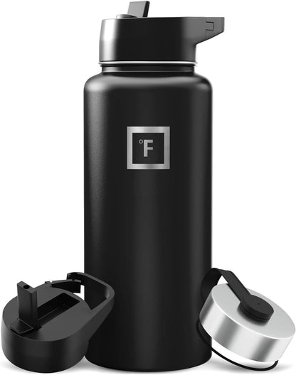 IRON °FLASK 32 oz Wide Mouth Water Bottle with 3 Lids | Insulated Stainless Steel Sports Water Bottle with 3 Leakproof Lids - BPA Free, Cold 24 Hrs, Sweat Free (Midnight Black)