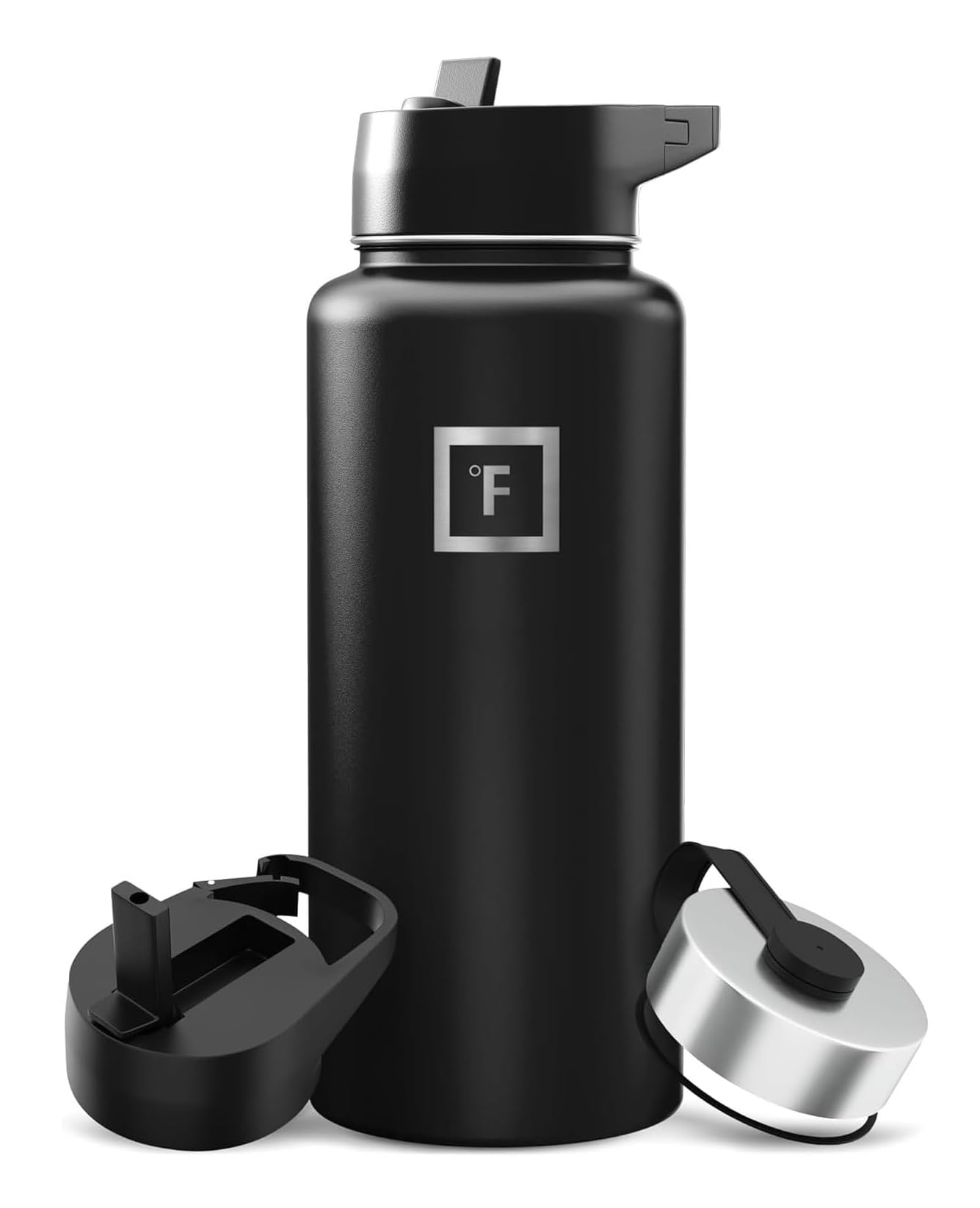 IRON °FLASK 32 oz Wide Mouth Water Bottle with 3 Lids | Insulated Stainless Steel Sports Water Bottle with 3 Leakproof Lids - BPA Free, Cold 24 Hrs, Sweat Free (Midnight Black)