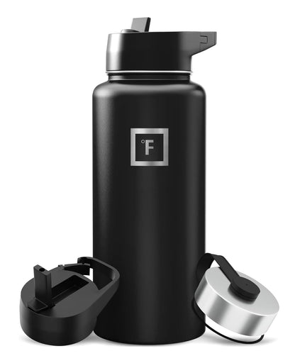 IRON °FLASK 32 oz Wide Mouth Water Bottle with 3 Lids | Insulated Stainless Steel Sports Water Bottle with 3 Leakproof Lids - BPA Free, Cold 24 Hrs, Sweat Free (Midnight Black)