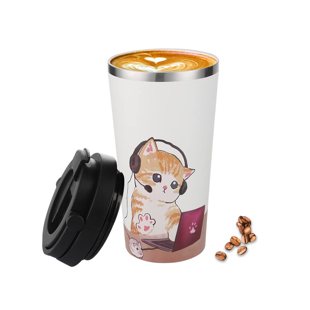Funkrin Insulated Coffee Mug with Ceramic Coating, 16oz Iced Coffee Tumbler Cup with Flip Lid and Handle, Double Wall Vacuum Leak-Proof Travel Mug for Office School Party Camping