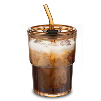 13oz Glass Tumbler with Straw and Lid Sealed, Carry On Reusable Iced Coffee Cups,Thick Wall Glass Coffee Drinking Glassware Cups