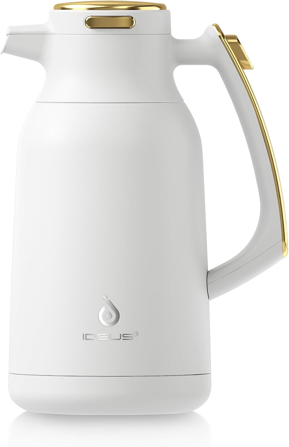 IDEUS Thermal Coffee Carafe, Stainless Steel Double Wall Insulated Vacuum Flask, Water Jug Coffee Server and Beverage Dispenser, Heat and Cold Retention (White-Gold, 68, Fluid Ounces)