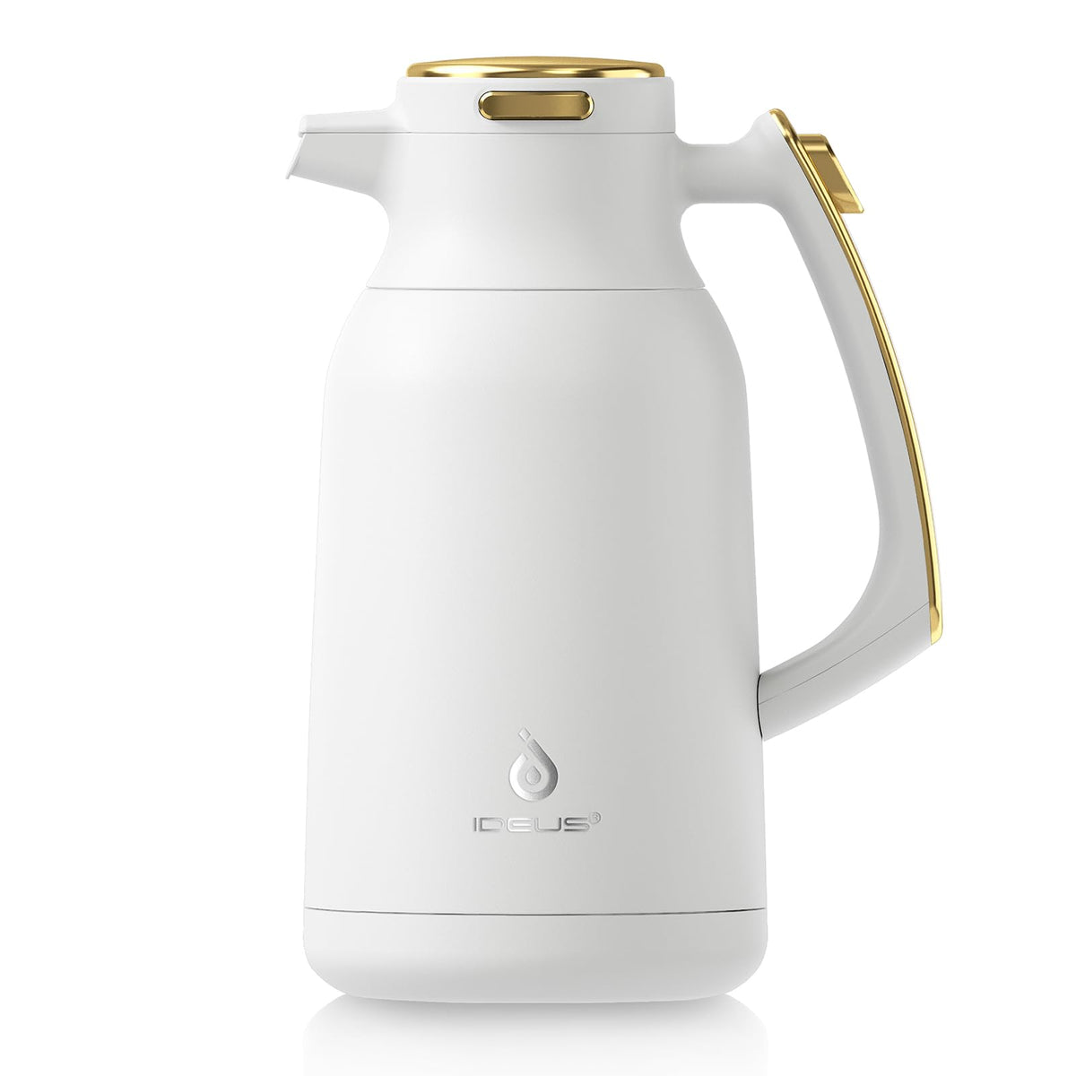 IDEUS Thermal Coffee Carafe, Stainless Steel Double Wall Insulated Vacuum Flask, Water Jug Coffee Server and Beverage Dispenser, Heat and Cold Retention (White-Gold, 68, Fluid Ounces)