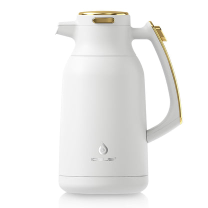IDEUS Thermal Coffee Carafe, Stainless Steel Double Wall Insulated Vacuum Flask, Water Jug Coffee Server and Beverage Dispenser, Heat and Cold Retention (White-Gold, 68, Fluid Ounces)