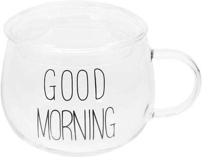 Heat Resistant Glass Milk Cup with Handle, Breakfast Mug for Coffee, Tea, Cereal, Glass Beverage Cup with Lid for Home and Office Use