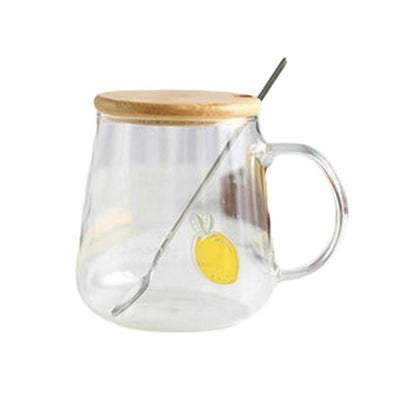 450ml/15oz Fruit Glass Lemon Milk Breakfast Cup With Lid Spoon, Lightweight And Heat-Resistant Water Cup For Home And Office Use-GK-B model