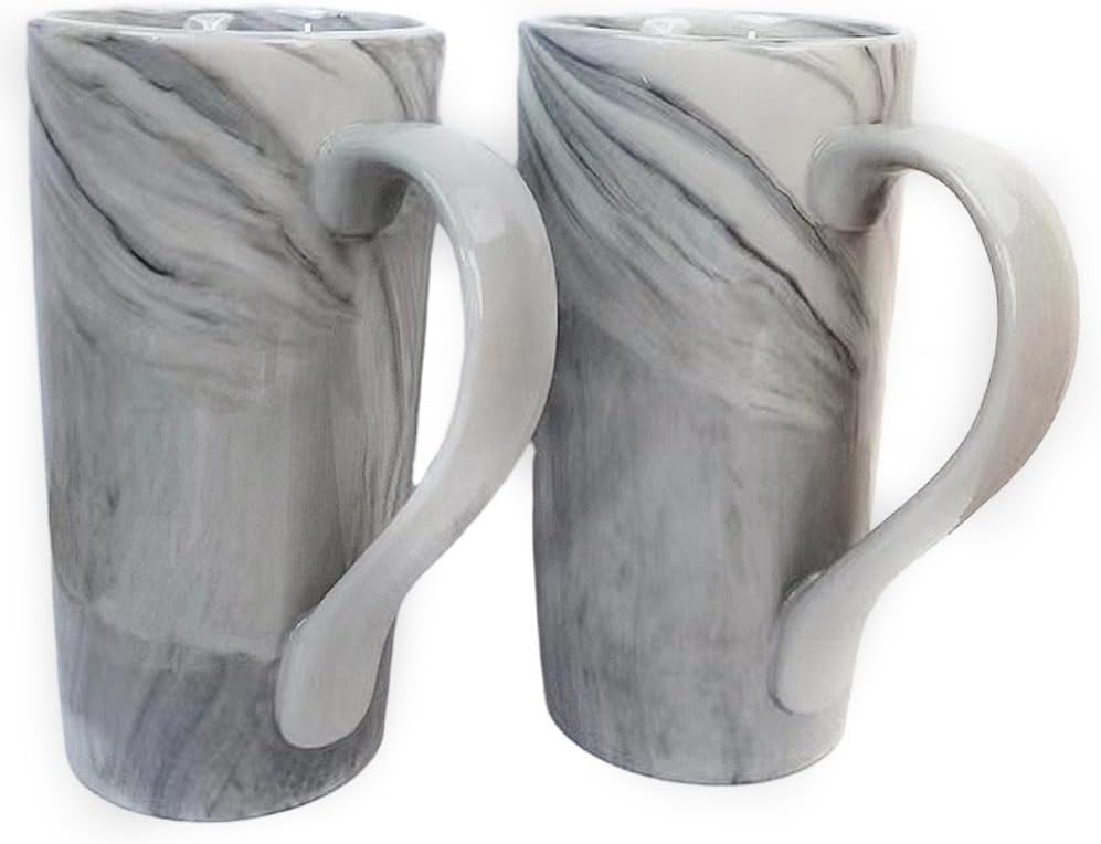 20 OZ Large Coffee Mugs, Grey Marble Ceramic Tall Beer Cups with Handle Set of 2 600 ml Oversized Porcelain Bulk Big Tea Cup for Men Women Gifts Mom and Dad