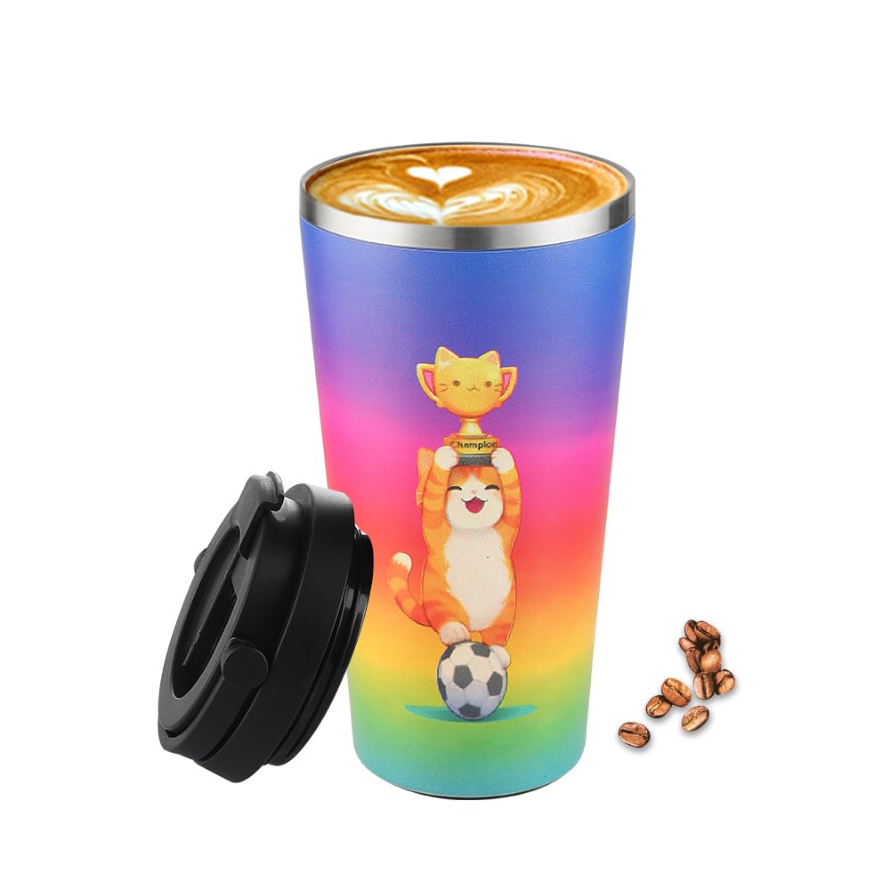 Funkrin Insulated Coffee Mug with Ceramic Coating, 16oz Iced Coffee Tumbler Cup with Flip Lid and Handle, Double Wall Vacuum Leak-Proof Travel Mug for Office School Party Camping