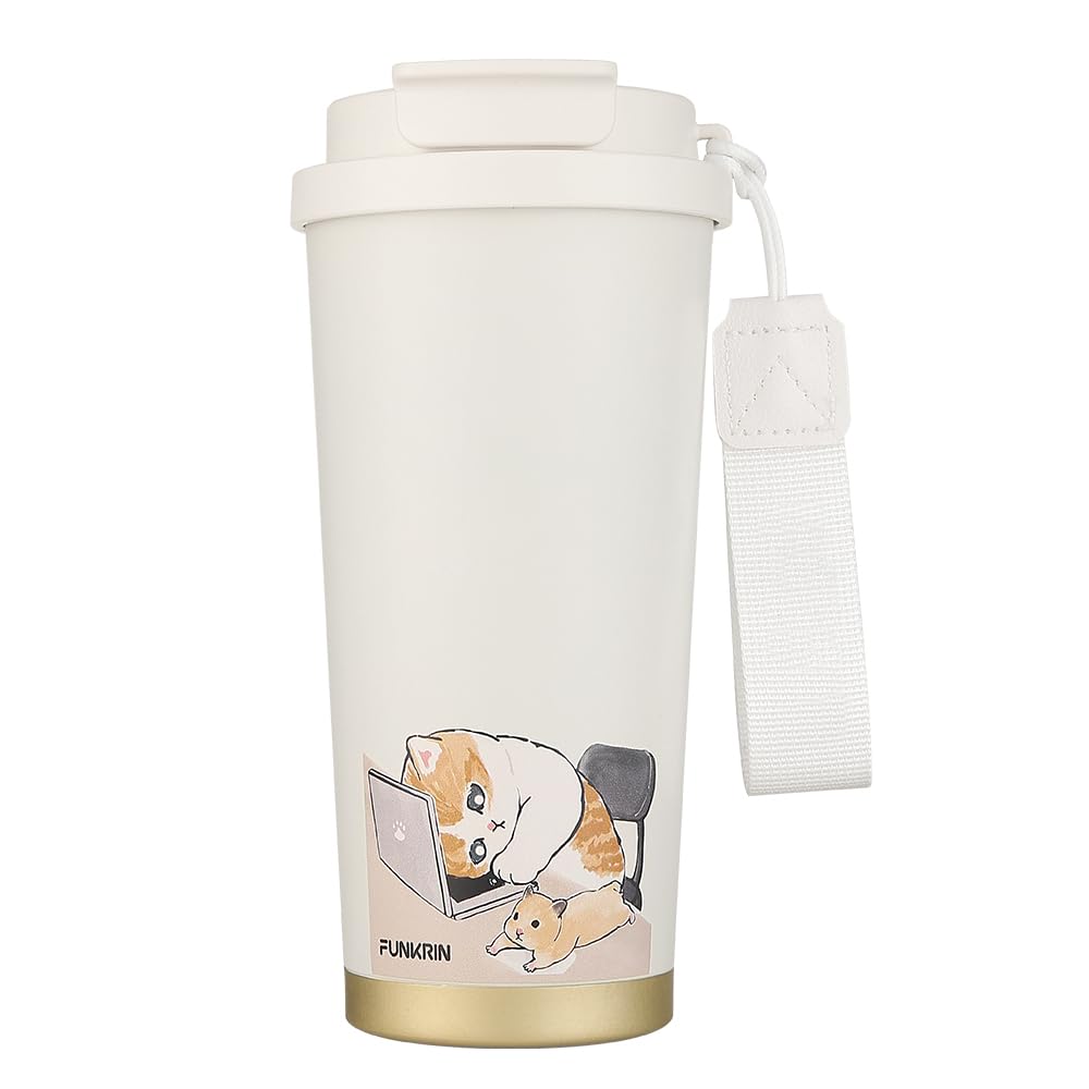 Funkrin Insulated Coffee Mug with Ceramic Coating, 16oz Iced Coffee Tumbler Cup with Flip Lid and Handle, Double Wall Vacuum Leak-Proof Travel Mug for Office School Party Camping