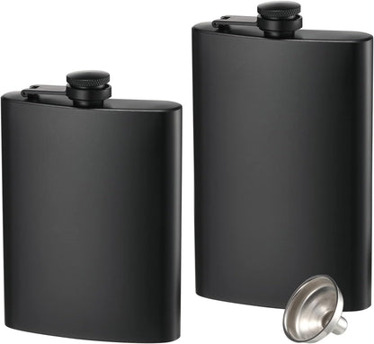 2 Pack Hip Flasks for Liquor, 8 Oz & 12 Oz Stainless Steel Leakproof Thin Flasks with Funnel for Men & Women (Matte Black)