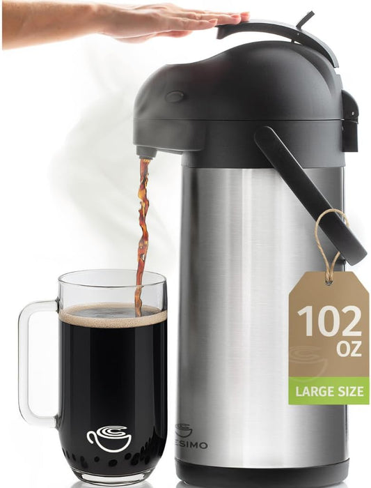 Coffee Carafe with Pump 102oz / 3L Airpot Large Hot Water Dispenser | 12 Hours Hot Cocoa Dispenser for Parties,Tea Flask, Insulated Stainless Steel Airpots for Hot Beverage Dispenser Coffee Pump