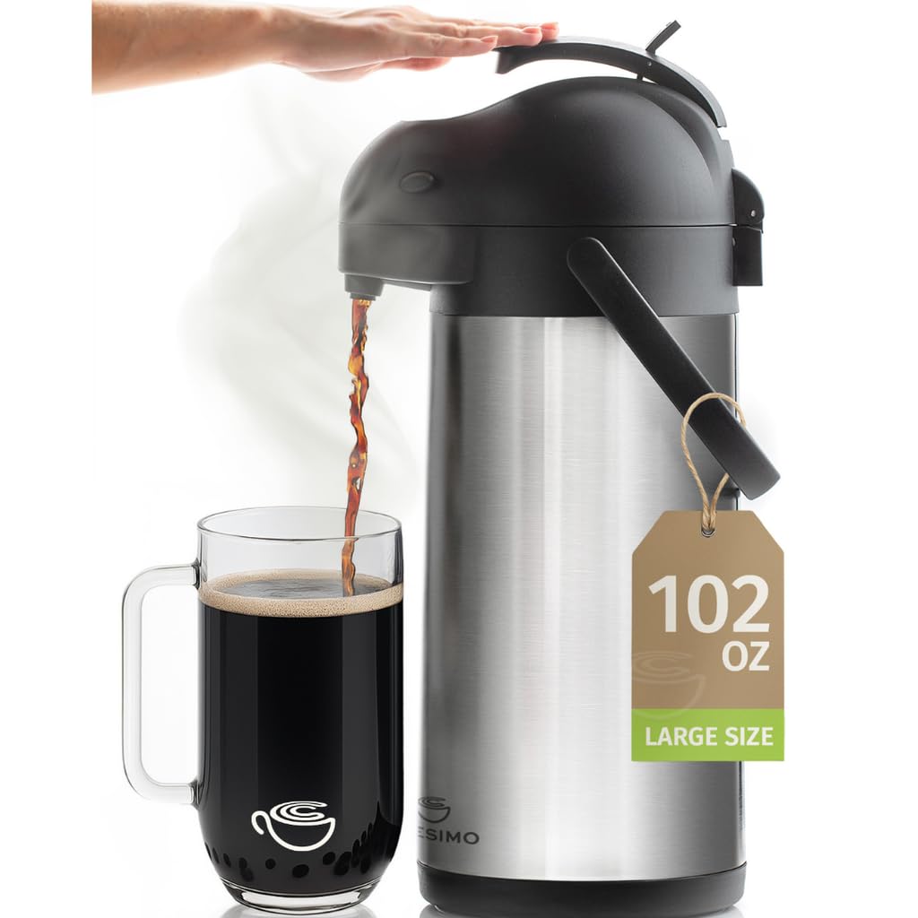 Coffee Carafe with Pump 102oz / 3L Airpot Large Hot Water Dispenser | 12 Hours Hot Cocoa Dispenser for Parties,Tea Flask, Insulated Stainless Steel Airpots for Hot Beverage Dispenser Coffee Pump