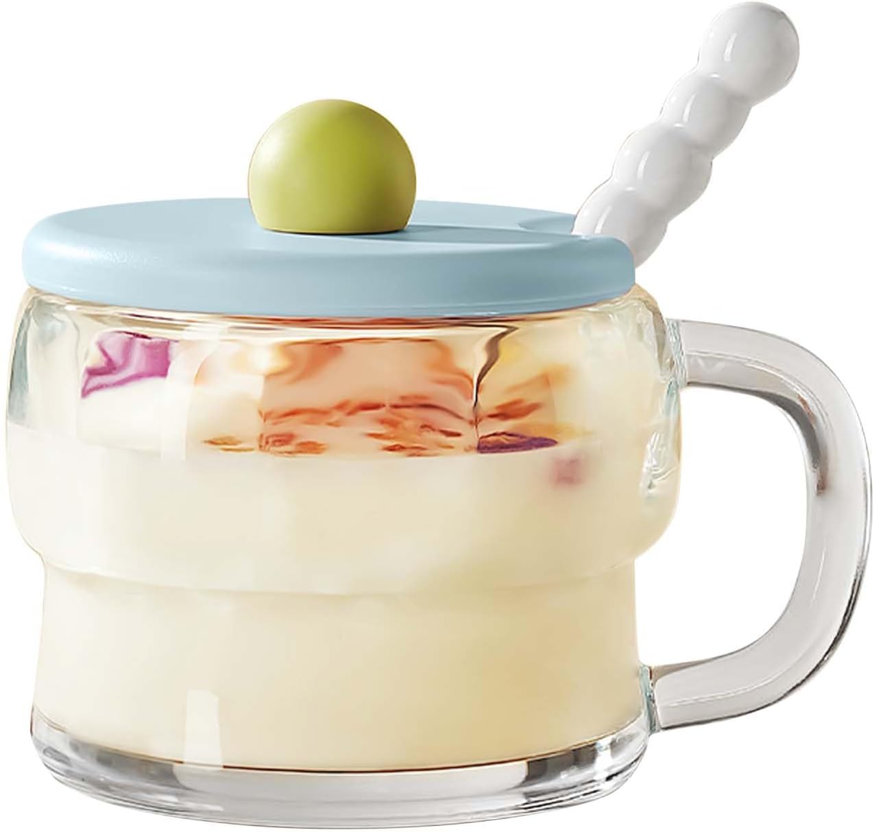 300ml Coffee Mugs, Breakfast Cups with Lid and Spoon, Coffee Cups Glass, Juice Cup, Glass Coffee Cup for Milk, Coffee, Oats, Yogurt, Oatmeal (Transparent)