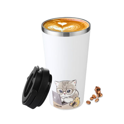 Funkrin Insulated Coffee Mug with Ceramic Coating, 16oz Iced Coffee Tumbler Cup with Flip Lid and Handle, Double Wall Vacuum Leak-Proof Travel Mug for Office School Party Camping