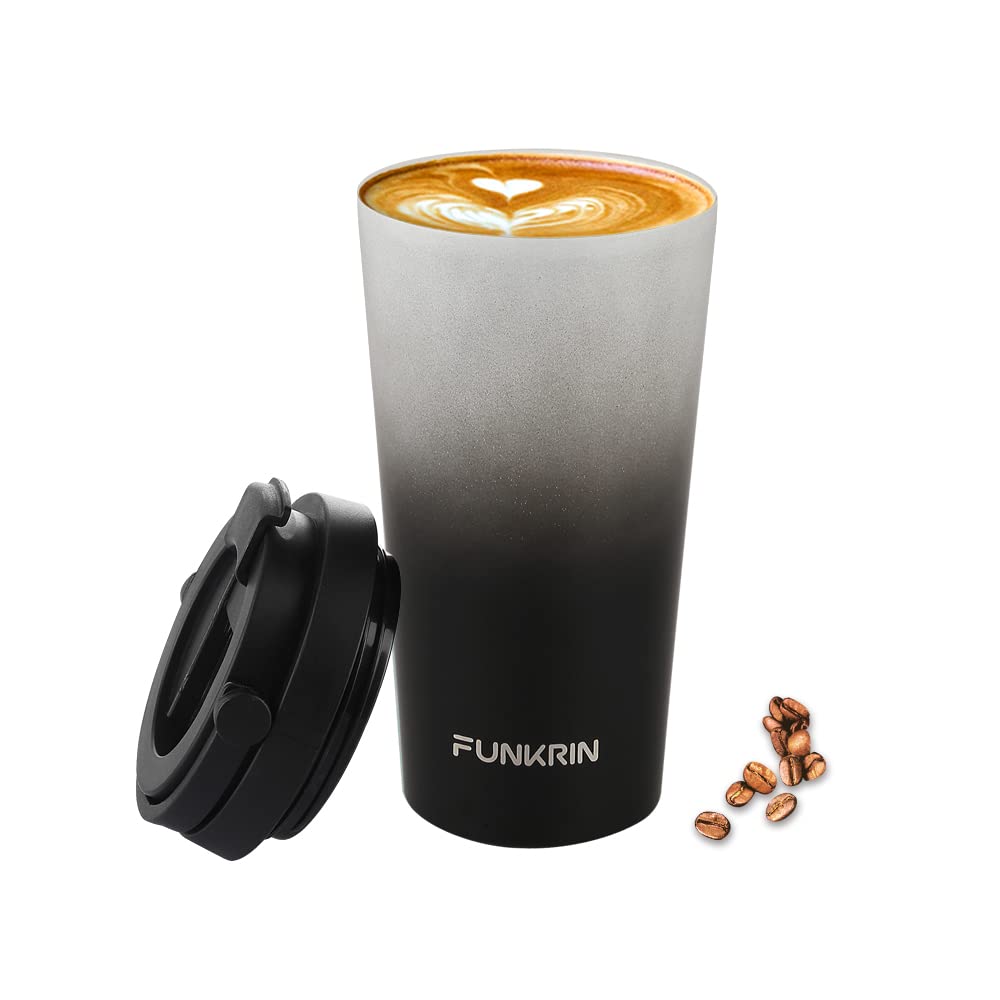 Funkrin Insulated Coffee Mug with Ceramic Coating, 16oz Iced Coffee Tumbler Cup with Flip Lid and Handle, Double Wall Vacuum Leak-Proof Travel Mug for Office School Party Camping