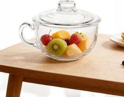 Clear Breakfast Bowl with Lid and Handle,Glass Cereal Salad Milk Mug Large Capacity Kitchen Office Cup for Cold Hot Drinks
