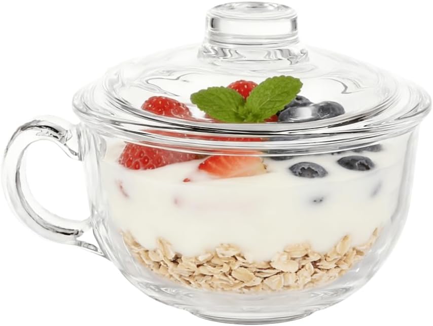Clear Breakfast Bowl with Lid and Handle,Glass Cereal Salad Milk Mug Large Capacity Kitchen Office Cup for Cold Hot Drinks