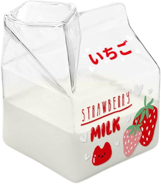 Milk Carton Glass Mug Square Cute Breakfast Cup for Home Portable Students Clear Milk Cups Strawberry