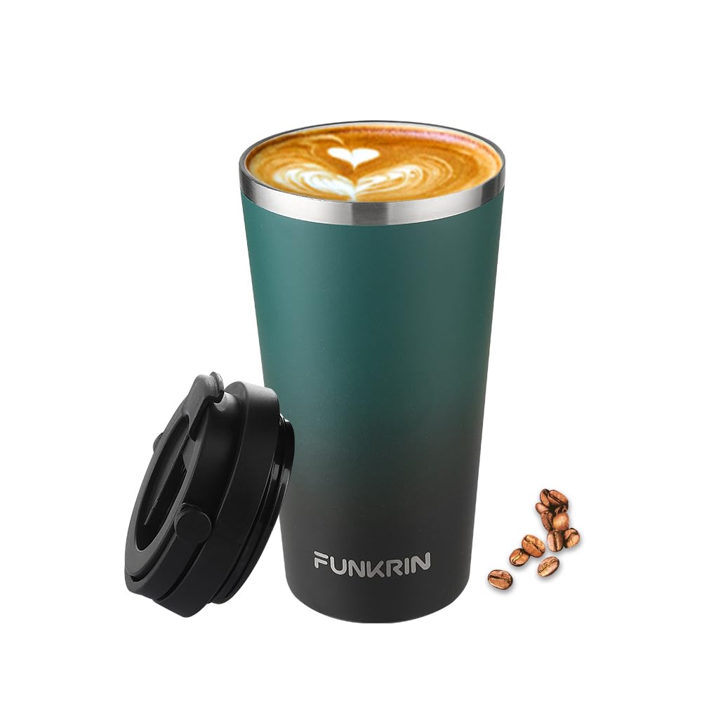 Funkrin Insulated Coffee Mug with Ceramic Coating, 16oz Iced Coffee Tumbler Cup with Flip Lid and Handle, Double Wall Vacuum Leak-Proof Travel Mug for Office School Party Camping