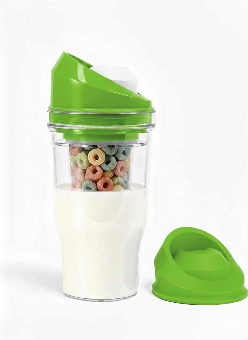 BowlFree Portable Breakfast Cup with Dual Compartments – Leak-Resistant Reusable Food Container for Milk, Cereal & Snacks, Ideal for Travel, Work & School