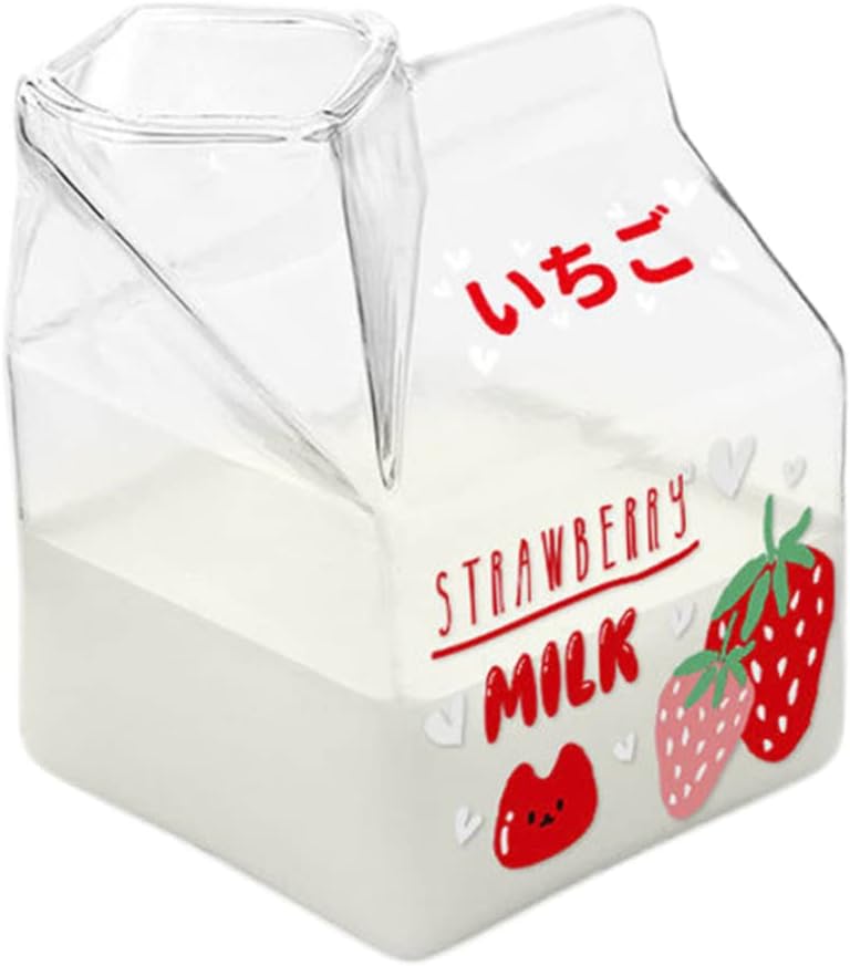 Milk Carton Glass Mug Square Cute Breakfast Cup for Home Portable Students Clear Milk Cups Strawberry..