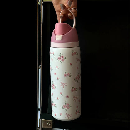 Floral Pattern Vacuum Flask, 1 Count Portable Large-Capacity Water Bottle with Straw, Leakproof Insulated Tumbler, Drinking Cup for Home, Office, School & Outdoor Camping, Drinkware #GLOBAL PICKS