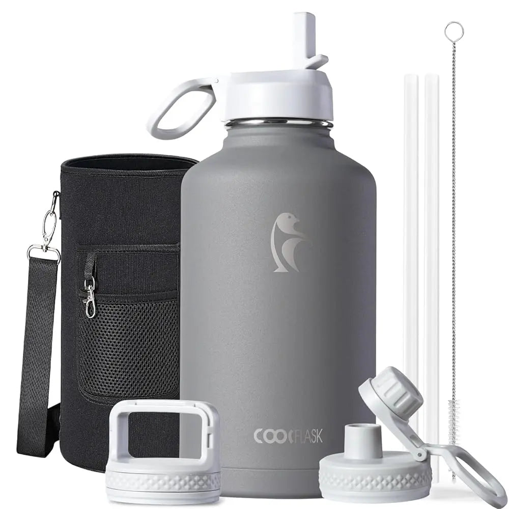 Coolflask 32/40/64/87/128oz Portable Insulated Water Bottle with Straw & 3 Lids, Stainless Steel Flask for Outdoor or Office, Travel Bottled Drinkware