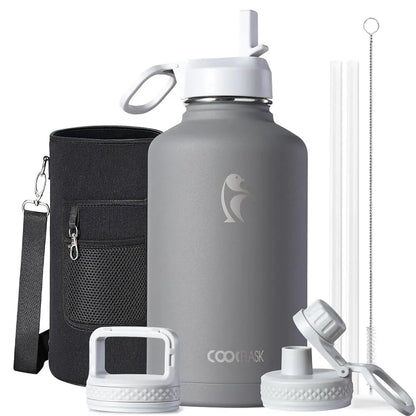 Coolflask 32/40/64/87/128oz Portable Insulated Water Bottle with Straw & 3 Lids, Stainless Steel Flask for Outdoor or Office, Travel Bottled Drinkware