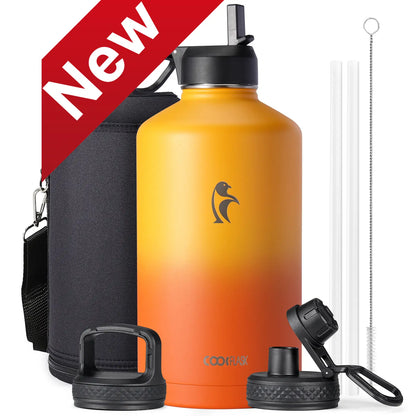 Coolflask 32/40/64/87/128oz Portable Insulated Water Bottle with Straw & 3 Lids, Stainless Steel Flask for Outdoor or Office, Travel Bottled Drinkware